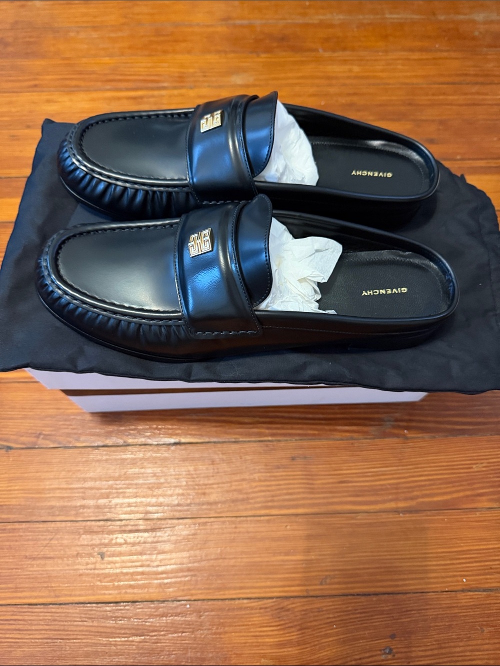 Authentic Givenchy Black Leather Slip-On Mules with Gold Logo size 40.5